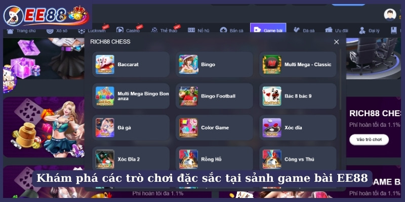 Khám phá các trò chơi đặc sắc tại sảnh game bài EE88